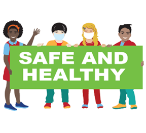 Icon of four children holding a Safe and Healthy sign