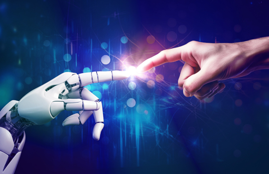 AI, Artificial intelligence, robot and human hands are touching and connecting, unity with human and ai concept, machine learning and futuristic technology background